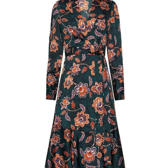 Floral Satin Georgette Green Blue Wrap Dress Nwt S,L,X - Picture 2 of 3